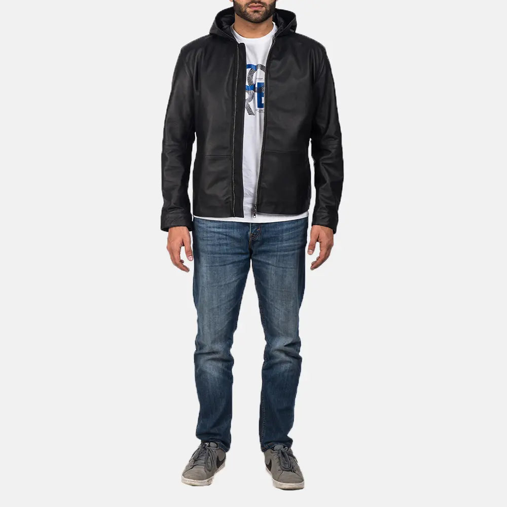 Andy Matte Black Hooded Leather Jacket