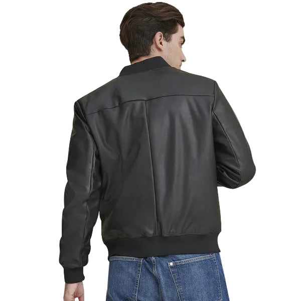 Men’s Nero Black Faux Leather Bomber Jacket