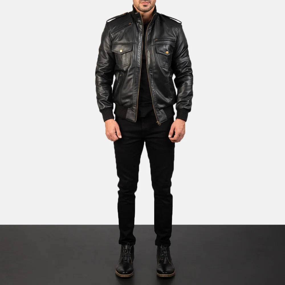 Agent Shadow Leather Bomber Jacket