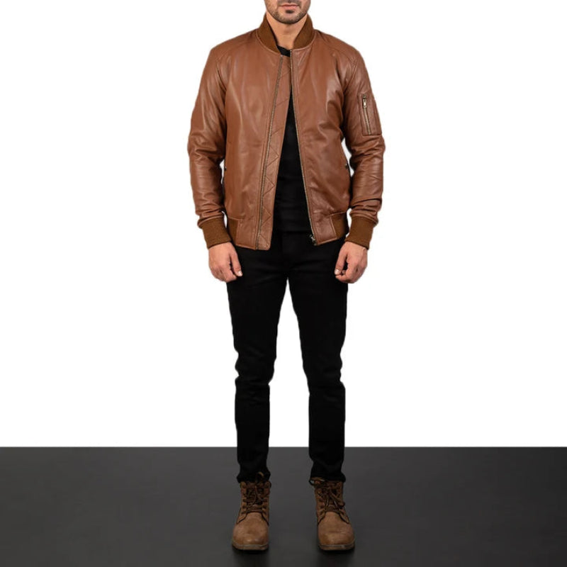 Full-length view of a man wearing a brown leather bomber jacket with black jeans