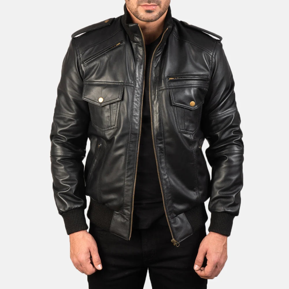 Agent Shadow Leather Bomber Jacket