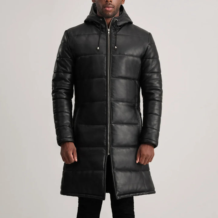 Custom Robert Morris Black Hooded Leather Puffer Coat
