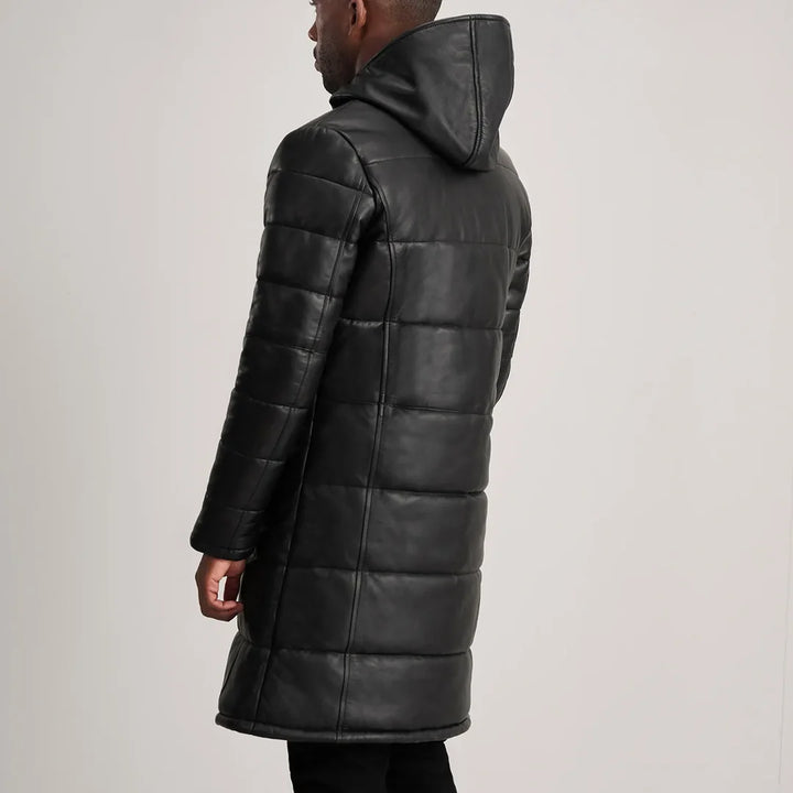Custom Robert Morris Black Hooded Leather Puffer Coat