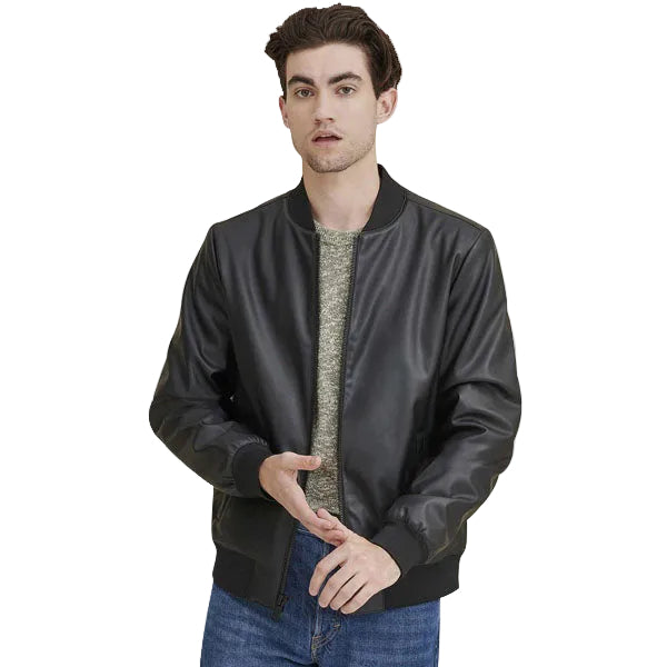 Men’s Nero Black Faux Leather Bomber Jacket