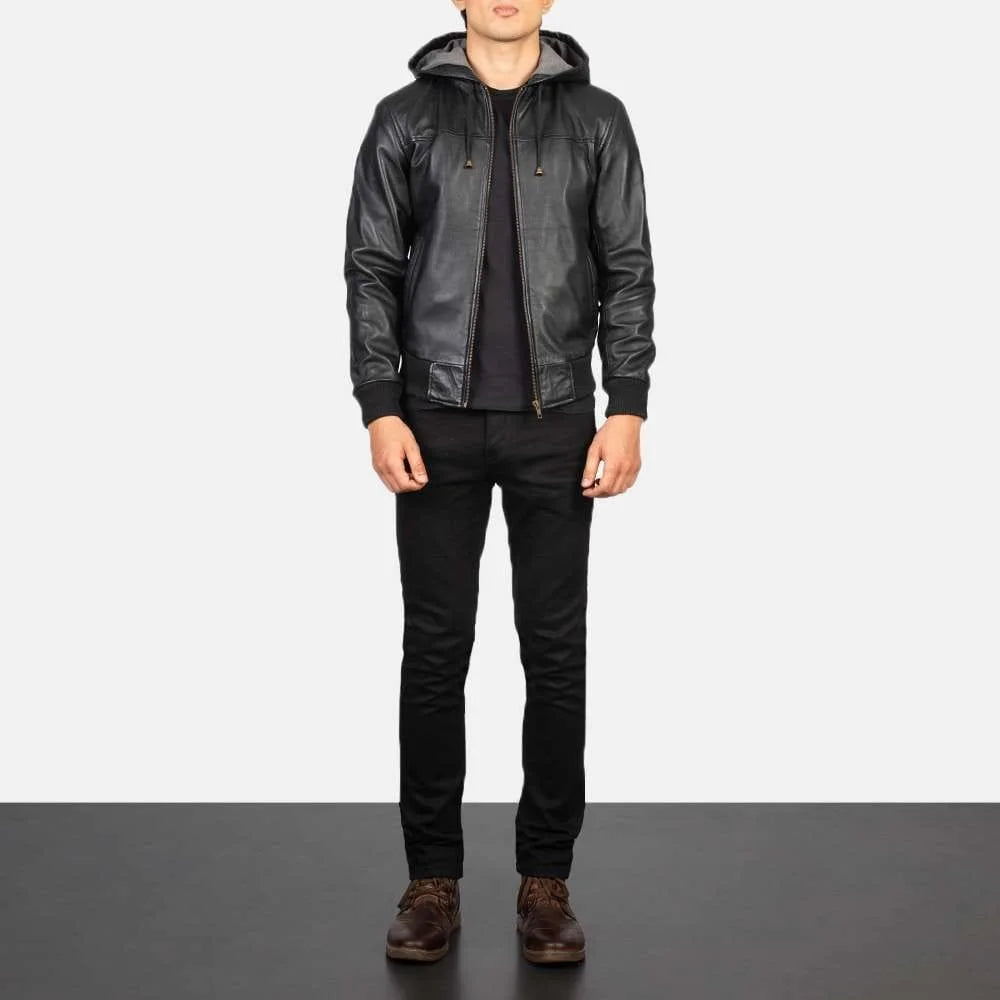 Nintenzo Hooded Leather Bomber Jacket