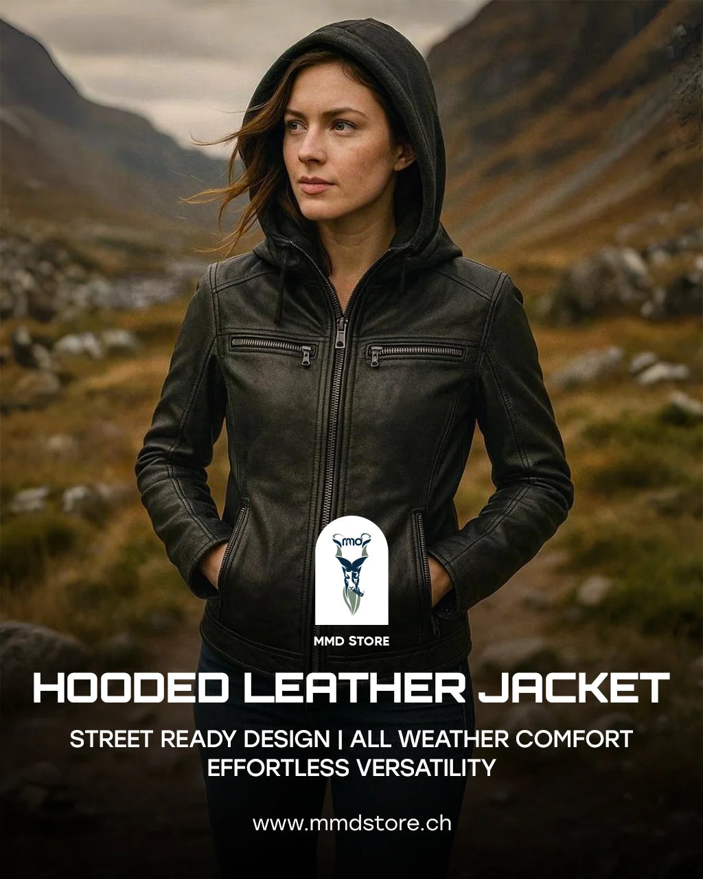 Roslyn Hooded Leather Bomber Jacket