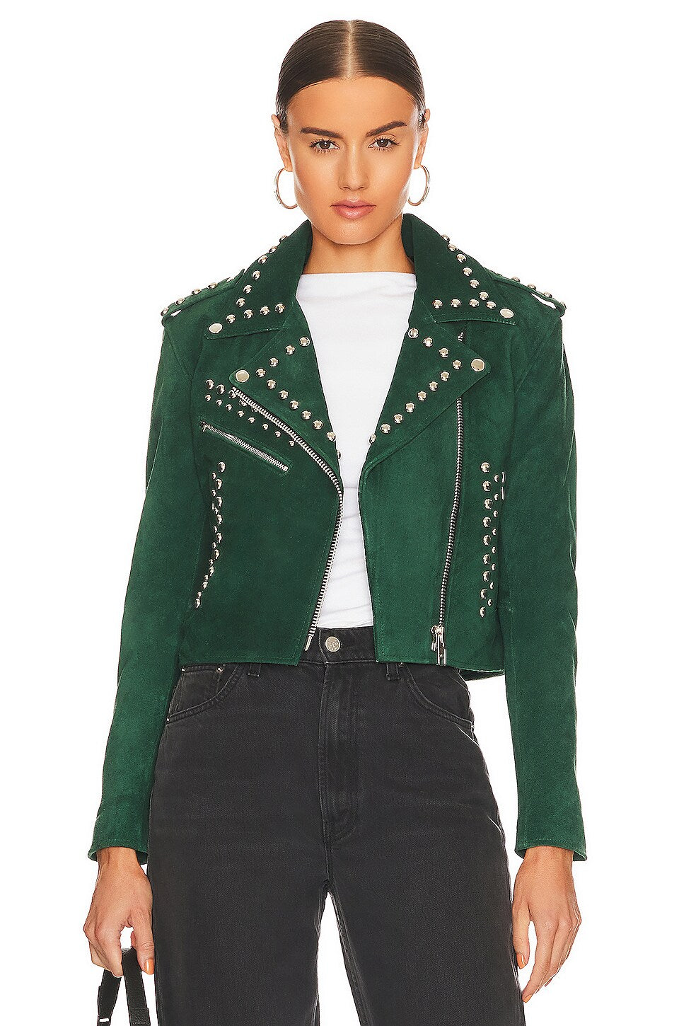 Women’s Spiked Green Cowhide Leather Biker Jacket