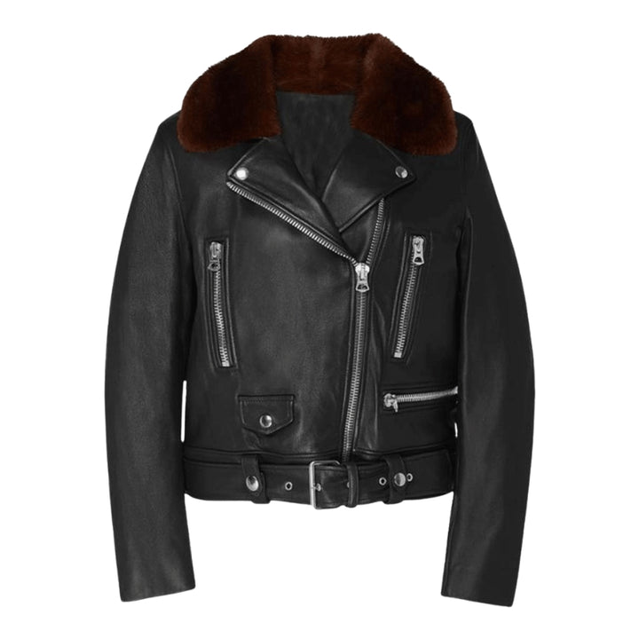 A black faux-leather biker jacket with a brown faux-fur collar, featuring an asymmetrical zipper, zippered chest pockets, a belted waist, and silver hardware, shown against a plain white background.