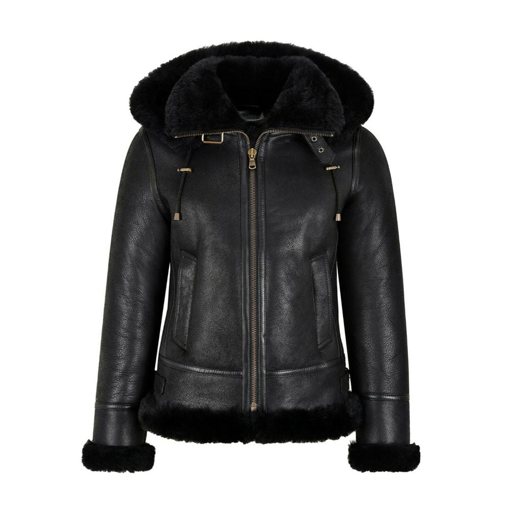 Women’s Harlow Black Sheepskin Leather Aviator Jacket