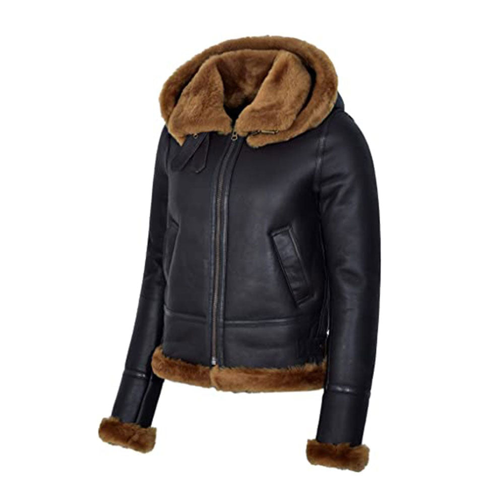 Women’s Sheariling Black Sheepskin Leather Aviator Jacket