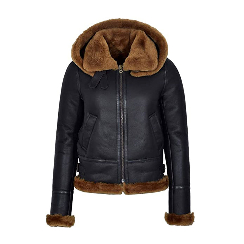 Women’s Sheariling Black Sheepskin Leather Aviator Jacket