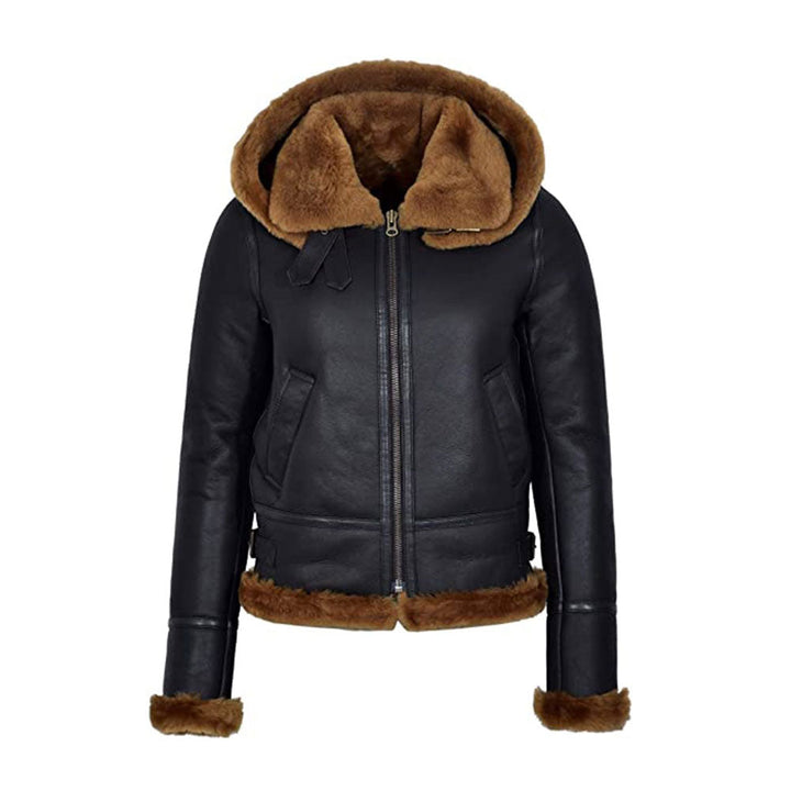 Women’s Sheariling Black Sheepskin Leather Aviator Jacket