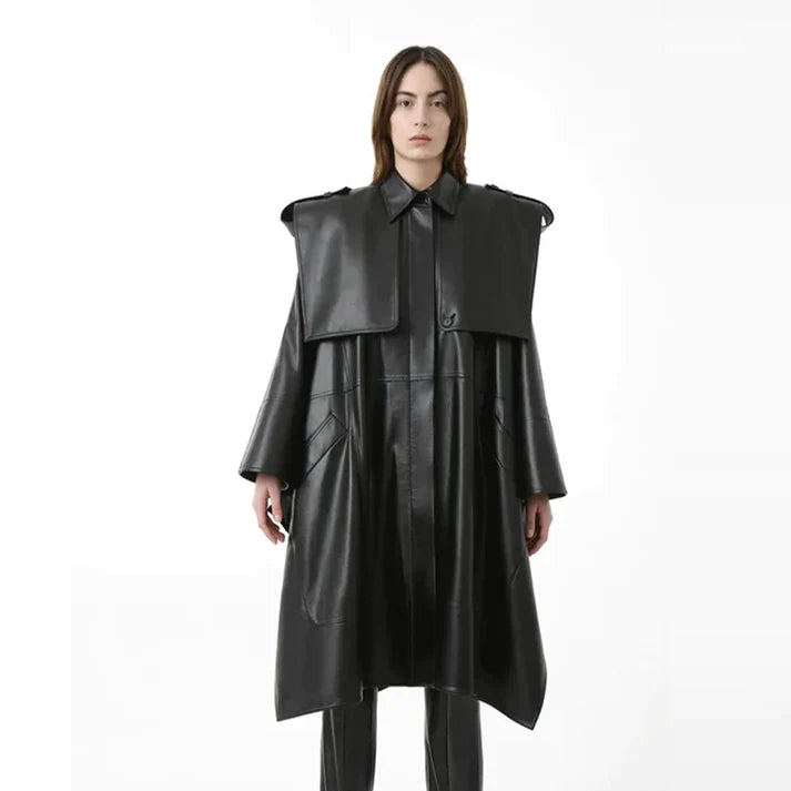 Women’s Cape Cowhide Leather Trench Coat