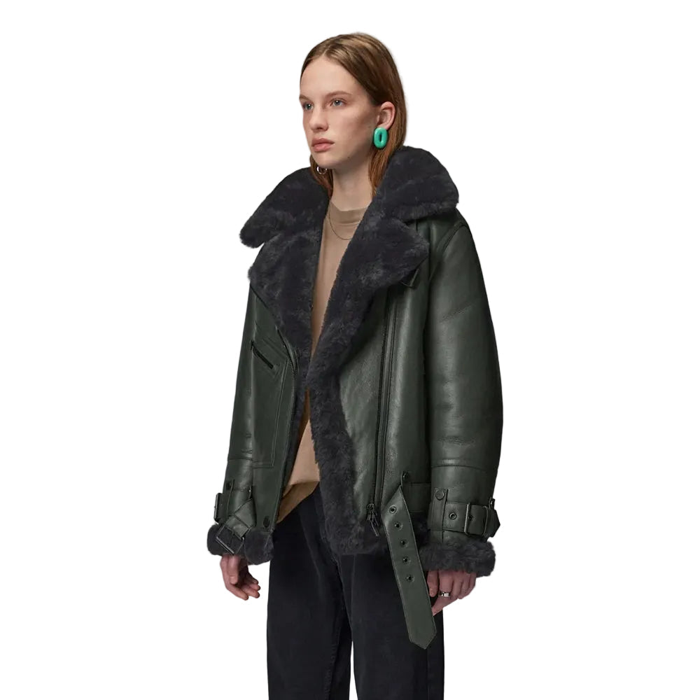 Women’s Styled Black Sheepskin Leather Aviator Jacket