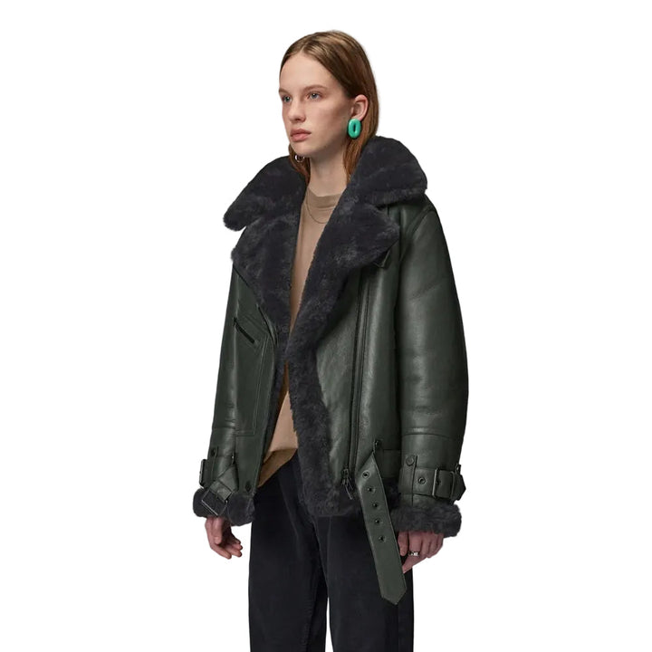 Women’s Styled Black Sheepskin Leather Aviator Jacket