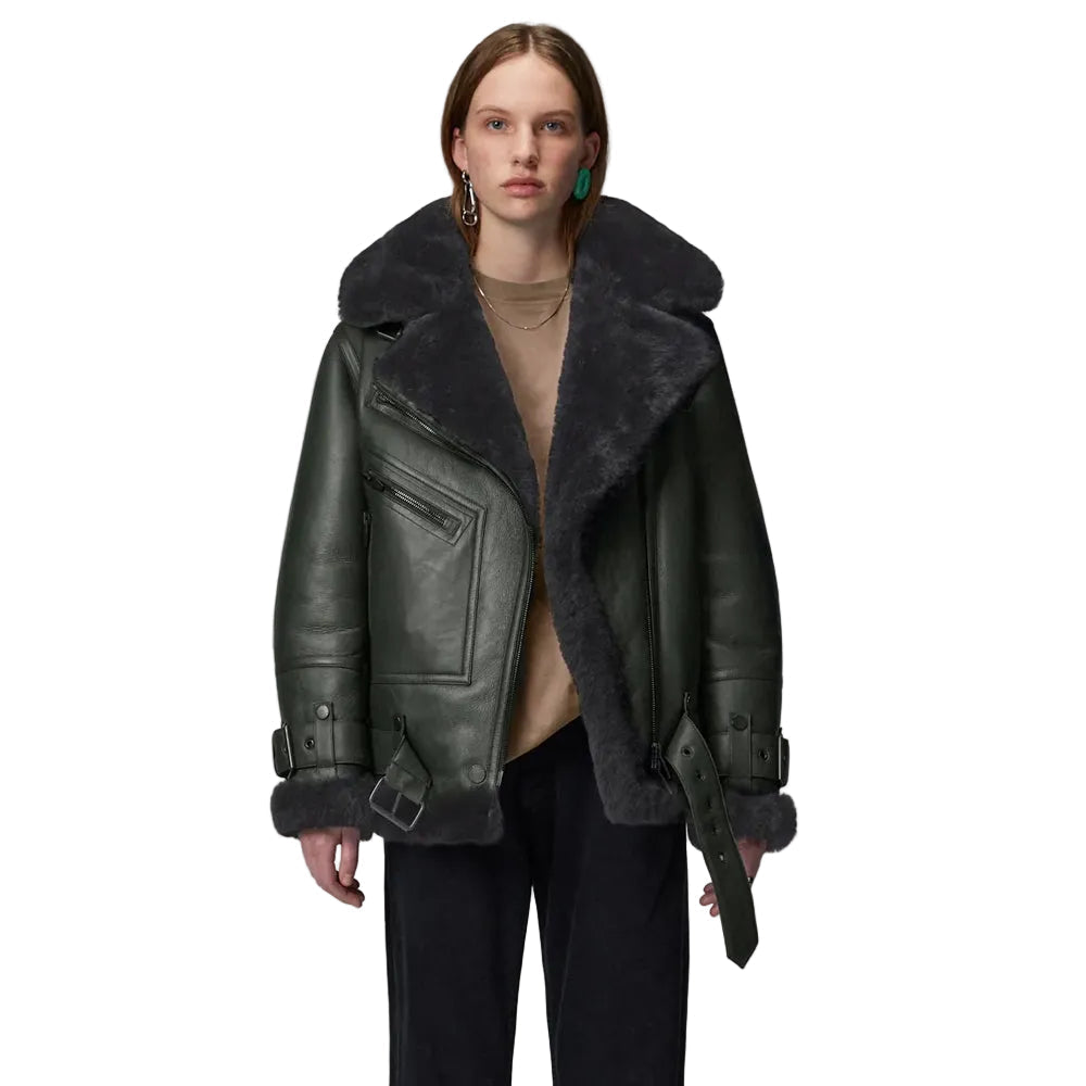 Women’s Styled Black Sheepskin Leather Aviator Jacket