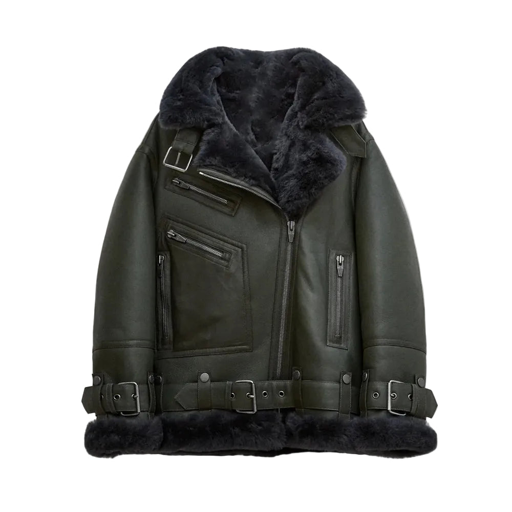 Women’s Styled Black Sheepskin Leather Aviator Jacket