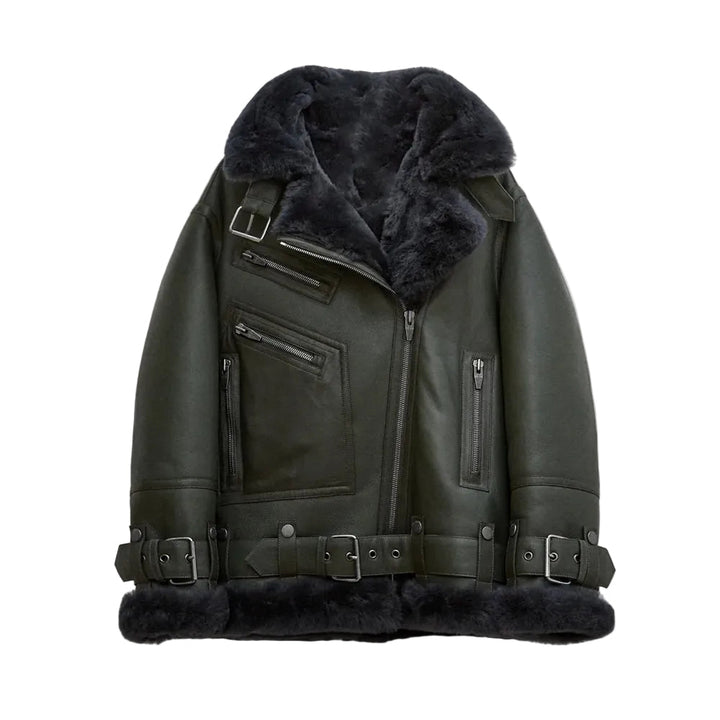 Women’s Styled Black Sheepskin Leather Aviator Jacket