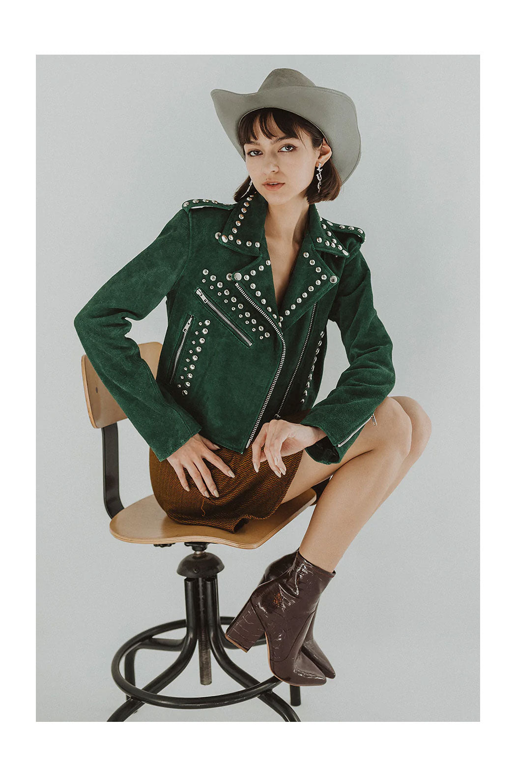 Women’s Spiked Green Cowhide Leather Biker Jacket