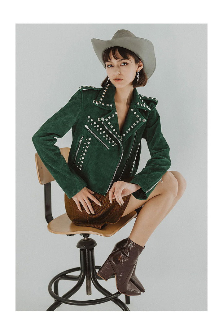 Women’s Spiked Green Cowhide Leather Biker Jacket