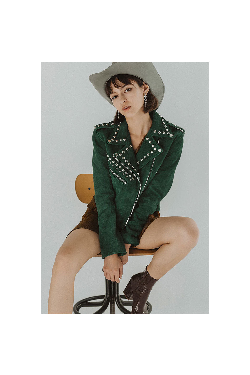 Women’s Spiked Green Cowhide Leather Biker Jacket