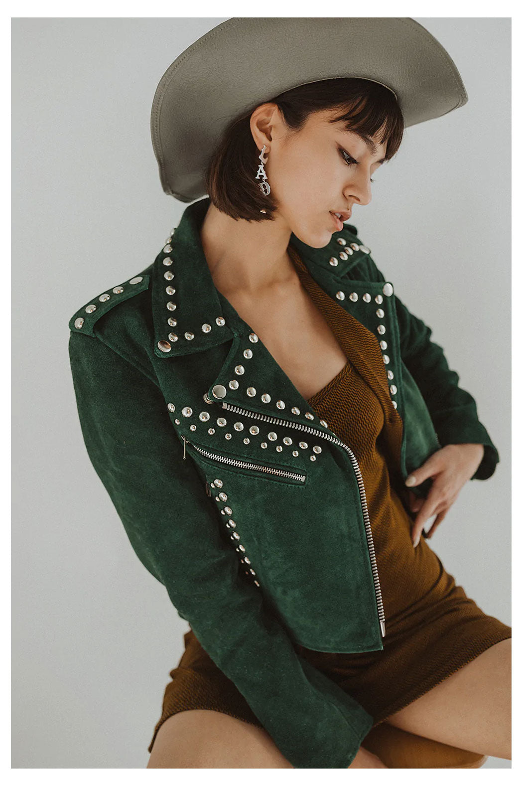 Women’s Spiked Green Cowhide Leather Biker Jacket