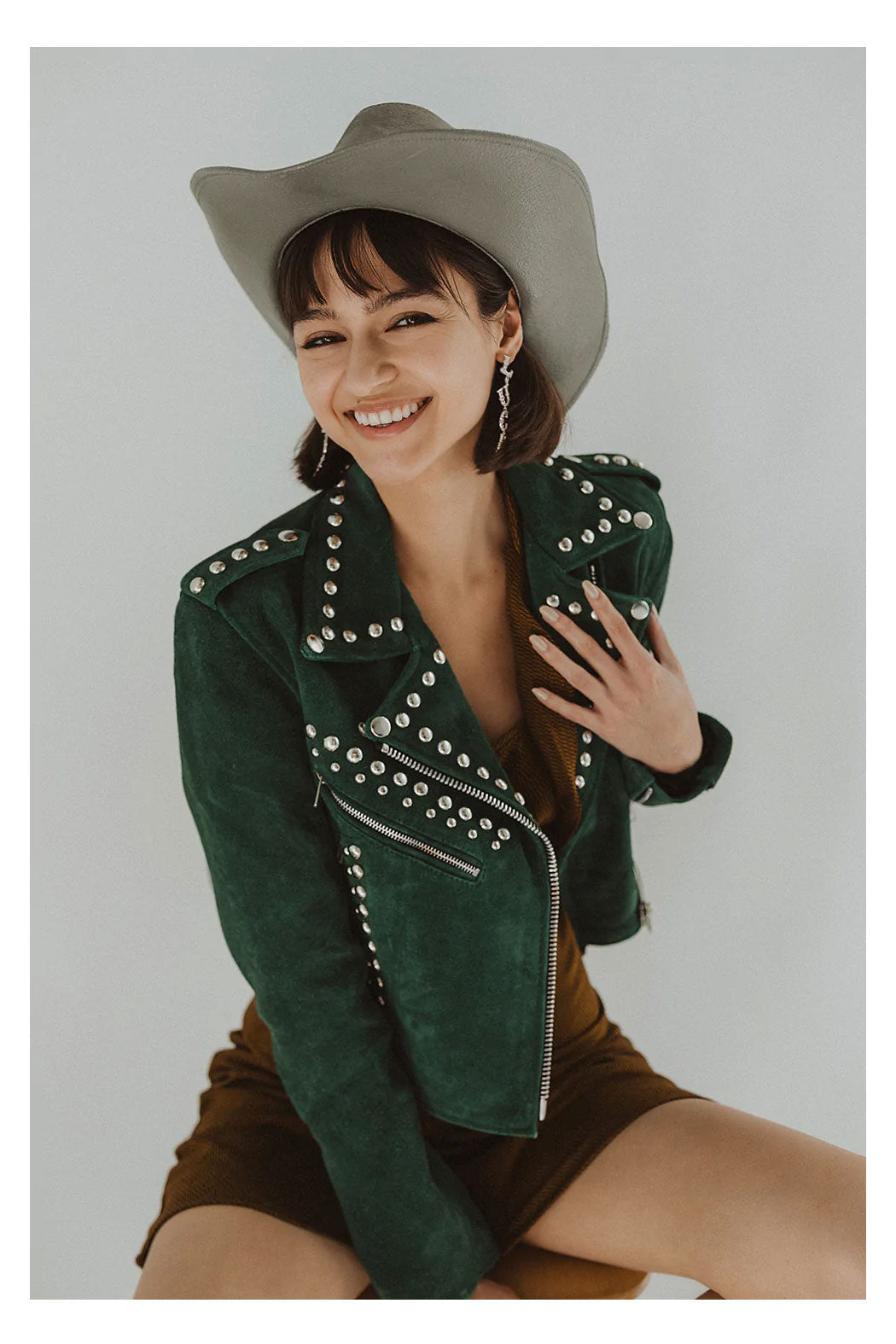 Women’s Spiked Green Cowhide Leather Biker Jacket
