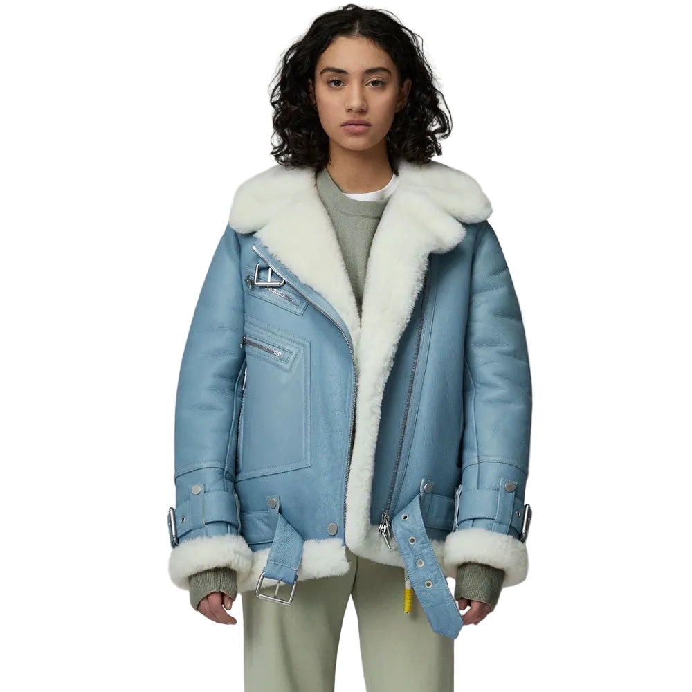 Women’s Light Blue Sheepskin Leather Aviator Jacket