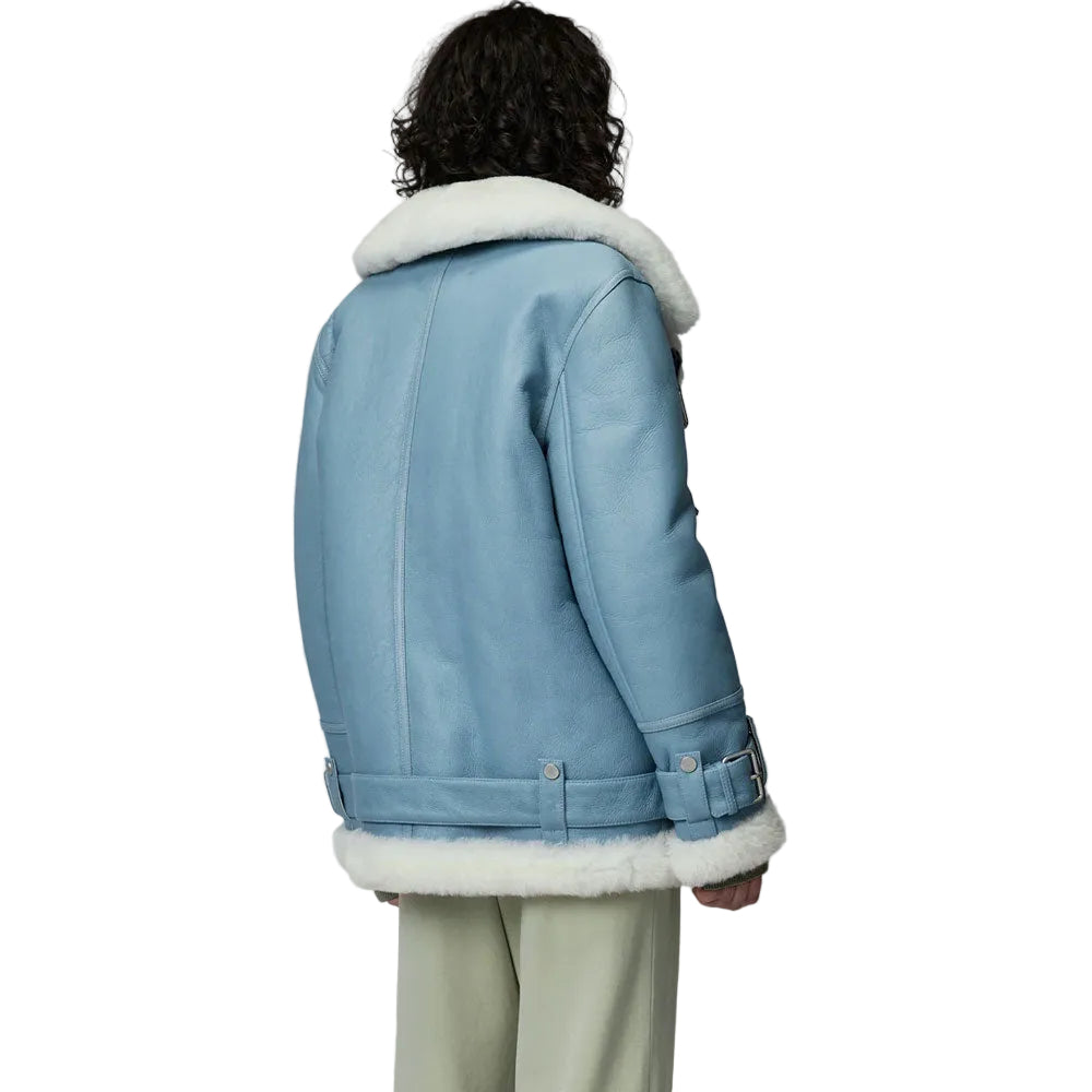 Women’s Light Blue Sheepskin Leather Aviator Jacket