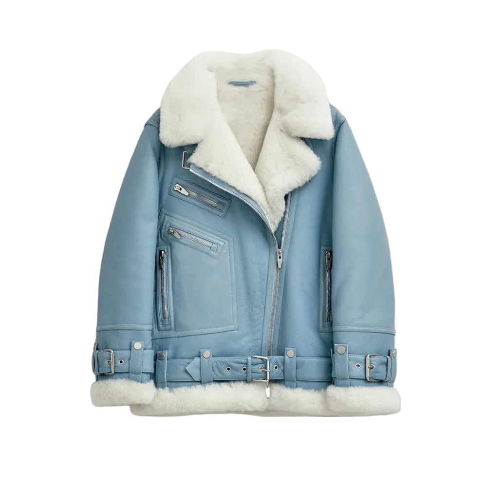 Women’s Light Blue Sheepskin Leather Aviator Jacket