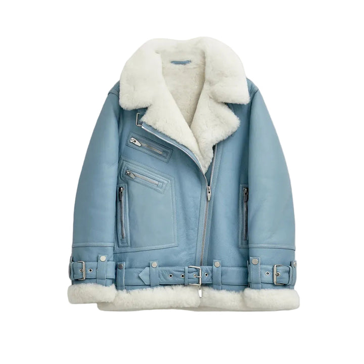 Women’s Light Blue Sheepskin Leather Aviator Jacket
