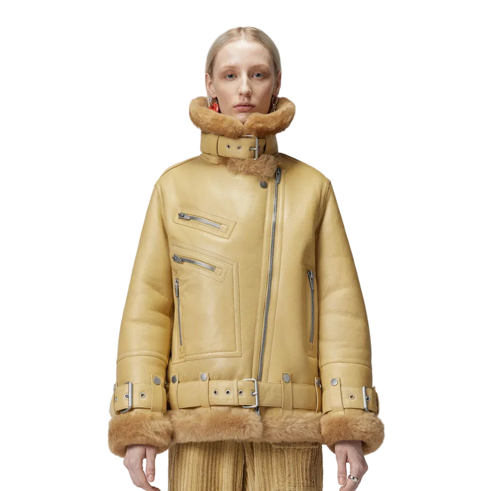 Women’s Light Light Brown Sheepskin Leather Aviator Jacket