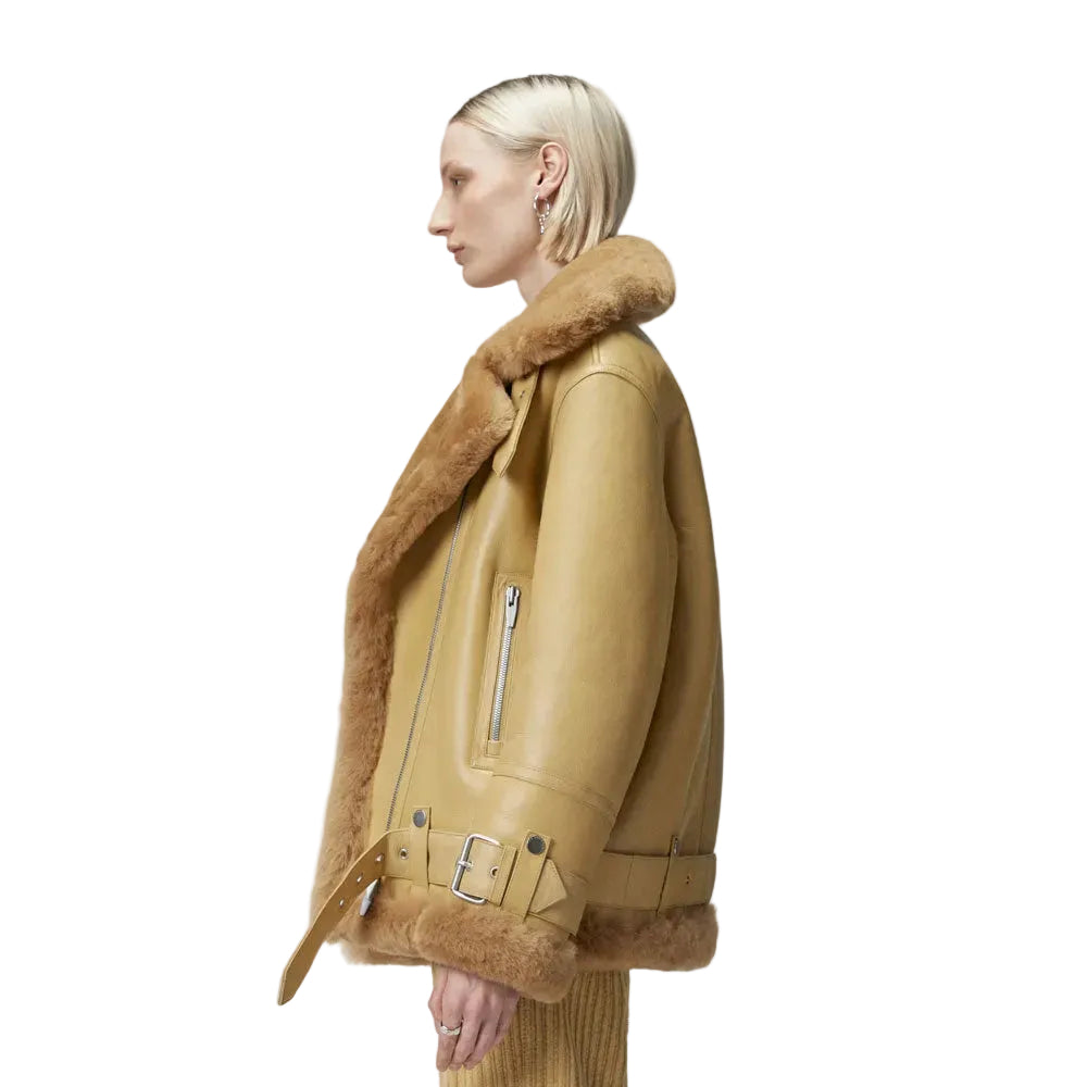 Women’s Light Light Brown Sheepskin Leather Aviator Jacket