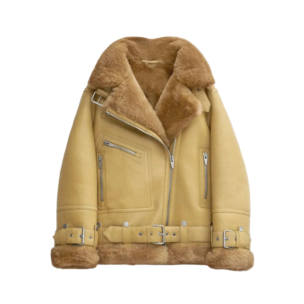 Women’s Light Light Brown Sheepskin Leather Aviator Jacket