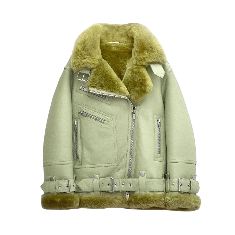 Women’s Light Green Sheepskin Leather Aviator Jacket