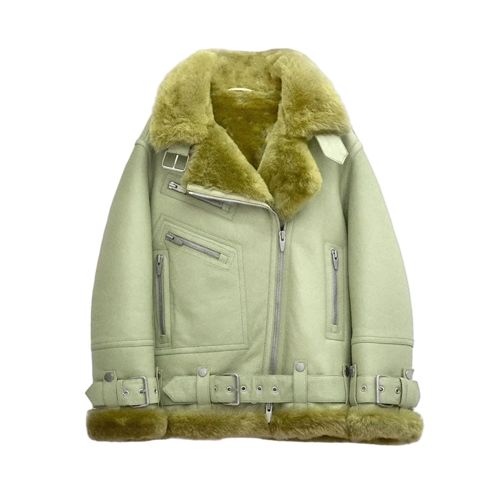 Women’s Light Green Sheepskin Leather Aviator Jacket