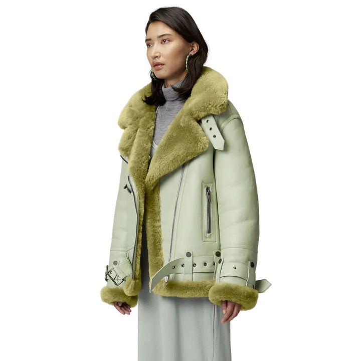 Women’s Light Green Sheepskin Leather Aviator Jacket