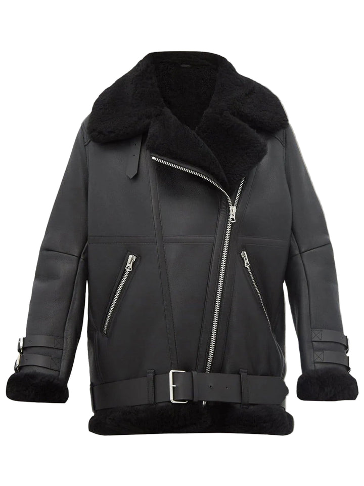 Women’s Pitch Black Sheepskin Leather Aviator Jacket