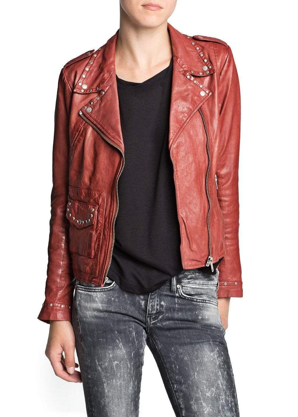 Women’s Brando Red Cowhide Leather Biker Jacket