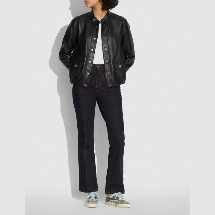 Women’s Giselle Black Sheepskin Leather Aviator Jacket