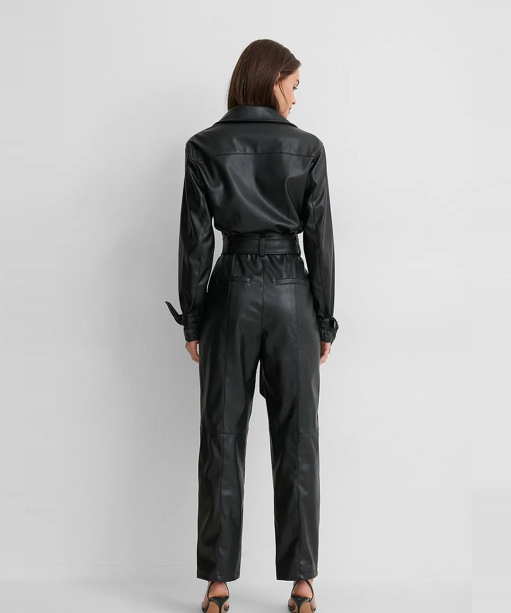 Women’s Sleeved Black Lambskin Leather Jumpsuit