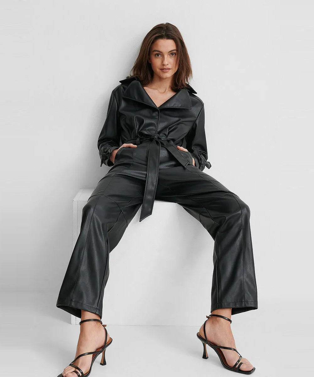 Women’s Sleeved Black Lambskin Leather Jumpsuit