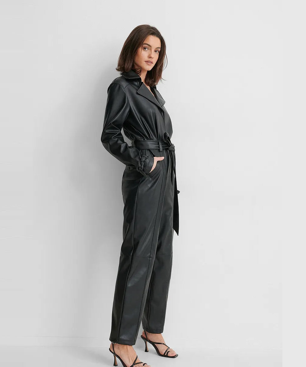 Women’s Sleeved Black Lambskin Leather Jumpsuit