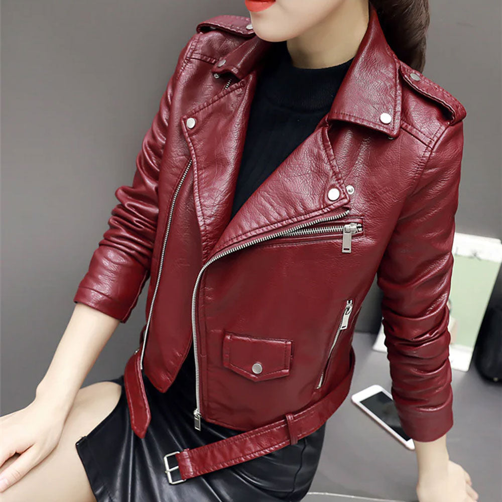 Women’s Quinn Red Cowhide Leather Biker Jacket