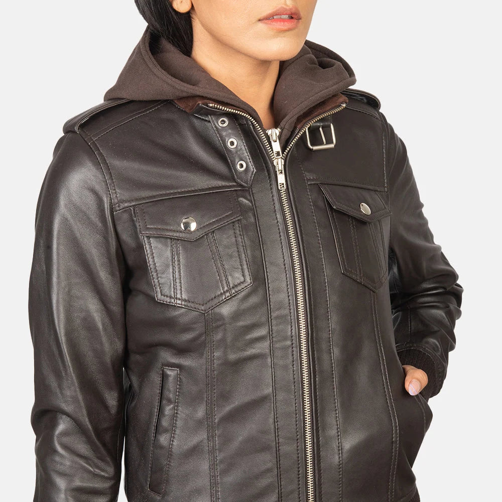 Roslyn Hooded Leather Bomber Jacket