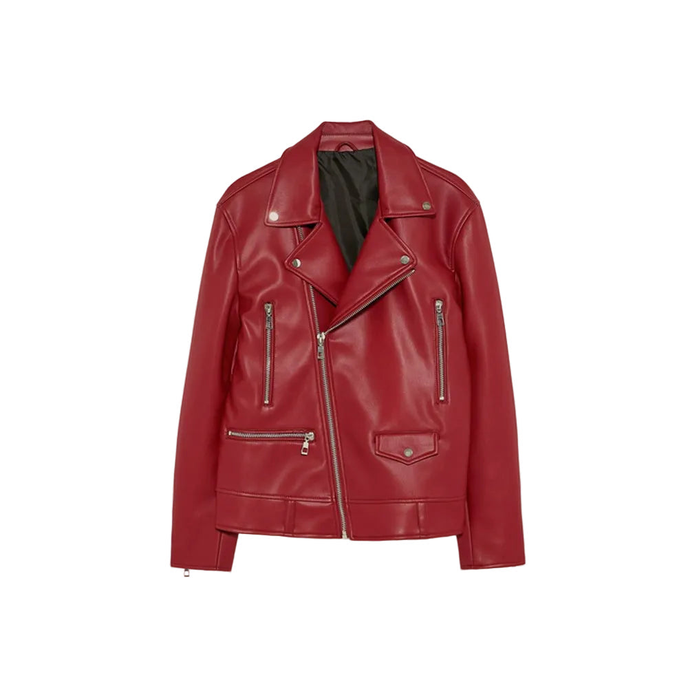 Women’s Utility Red Cowhide Leather Biker Jacket