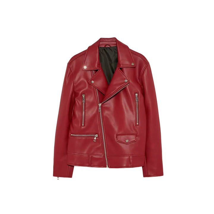 Women’s Utility Red Cowhide Leather Biker Jacket