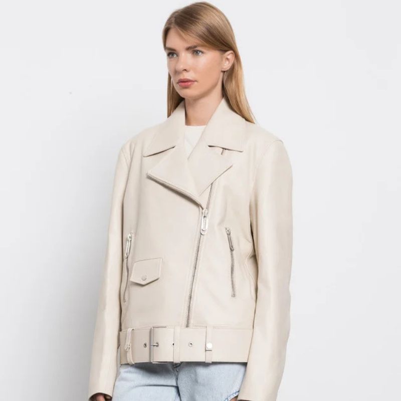 Women’s Valen White Cowhide Leather Biker Jacket