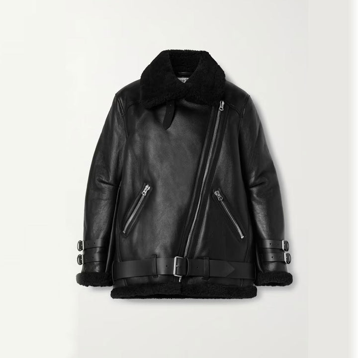Women’s Tessa Black Sheepskin Leather Aviator Jacket
