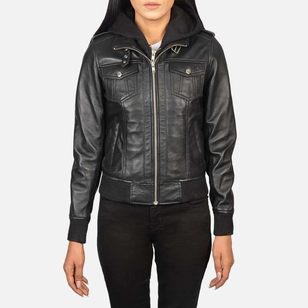 Roslyn Hooded Leather Bomber Jacket